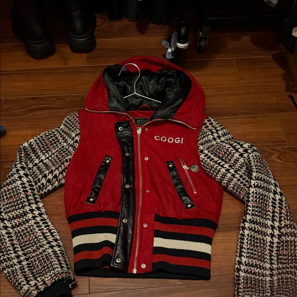 COOGI Red and Black Jacket with Houndstooth Sleeves